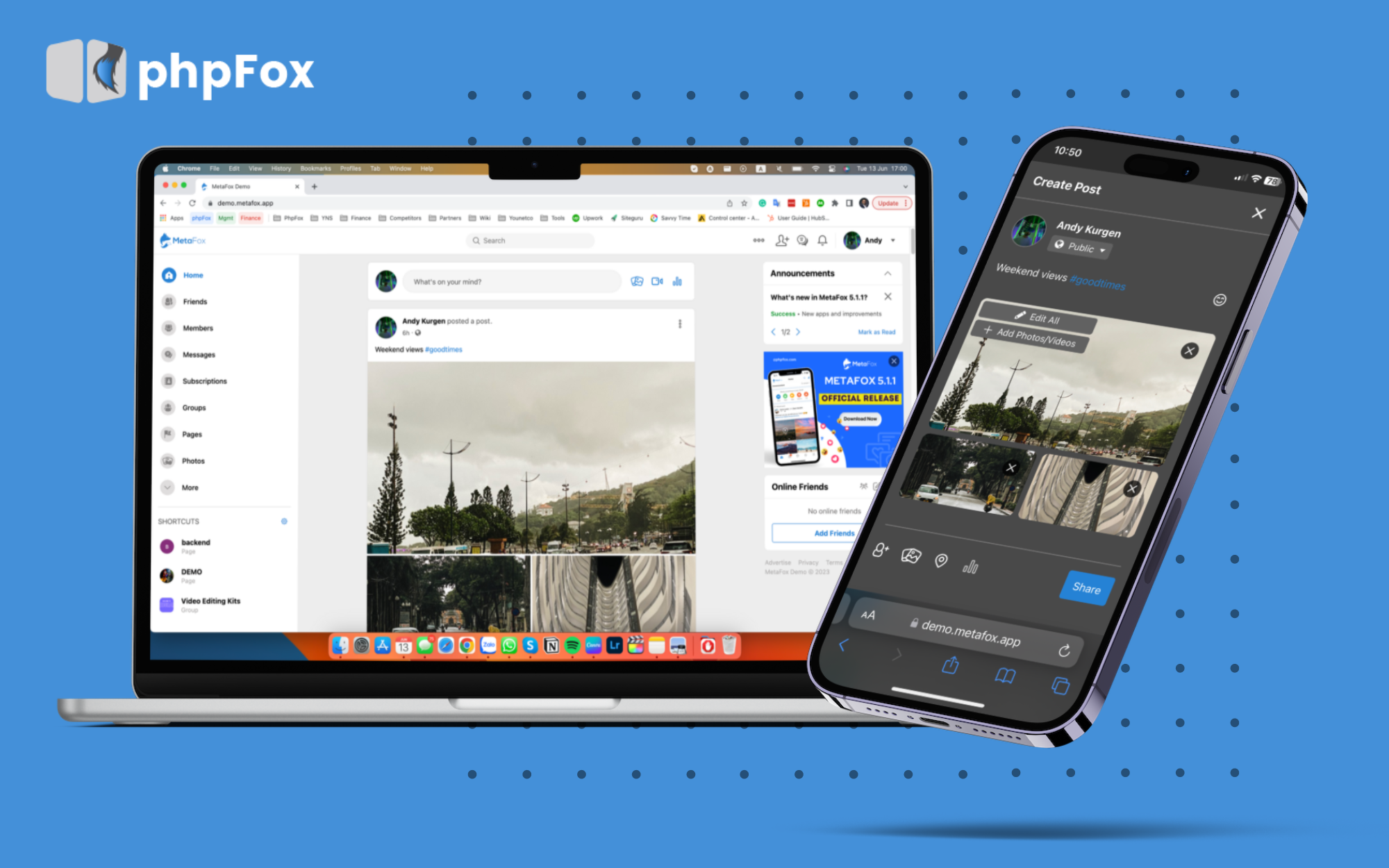 the images show case MetaFox in both mobile and laptop versions.