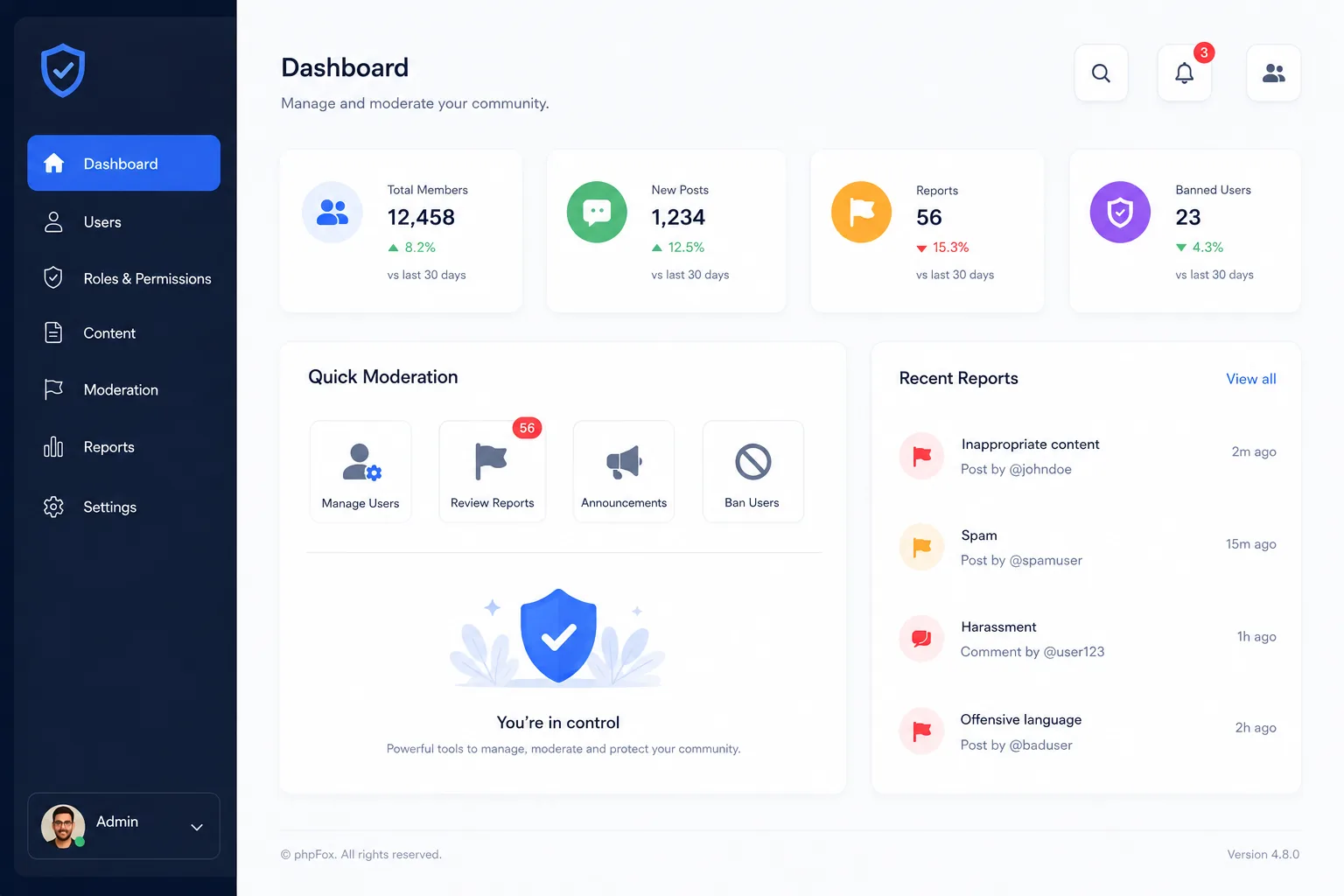 phpFox admin & moderation dashboard